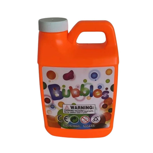 Bubble Bottle featuring a bright blue solution container with a yellow cap and a red "manual" wand producing a cluster of clear, shimmering bubbles.