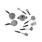 Theo Klein WMF play kitchen equipment set featuring toy pots with lids, frying pan, saucepan, turned spatulas, ladle, and cooking utensils.