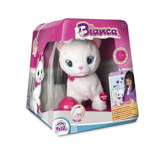 IMC Toys Bianca interactive white plush kitten sitting on a multicolor rug, responding to a pink toy ball with realistic movements and purring sounds.