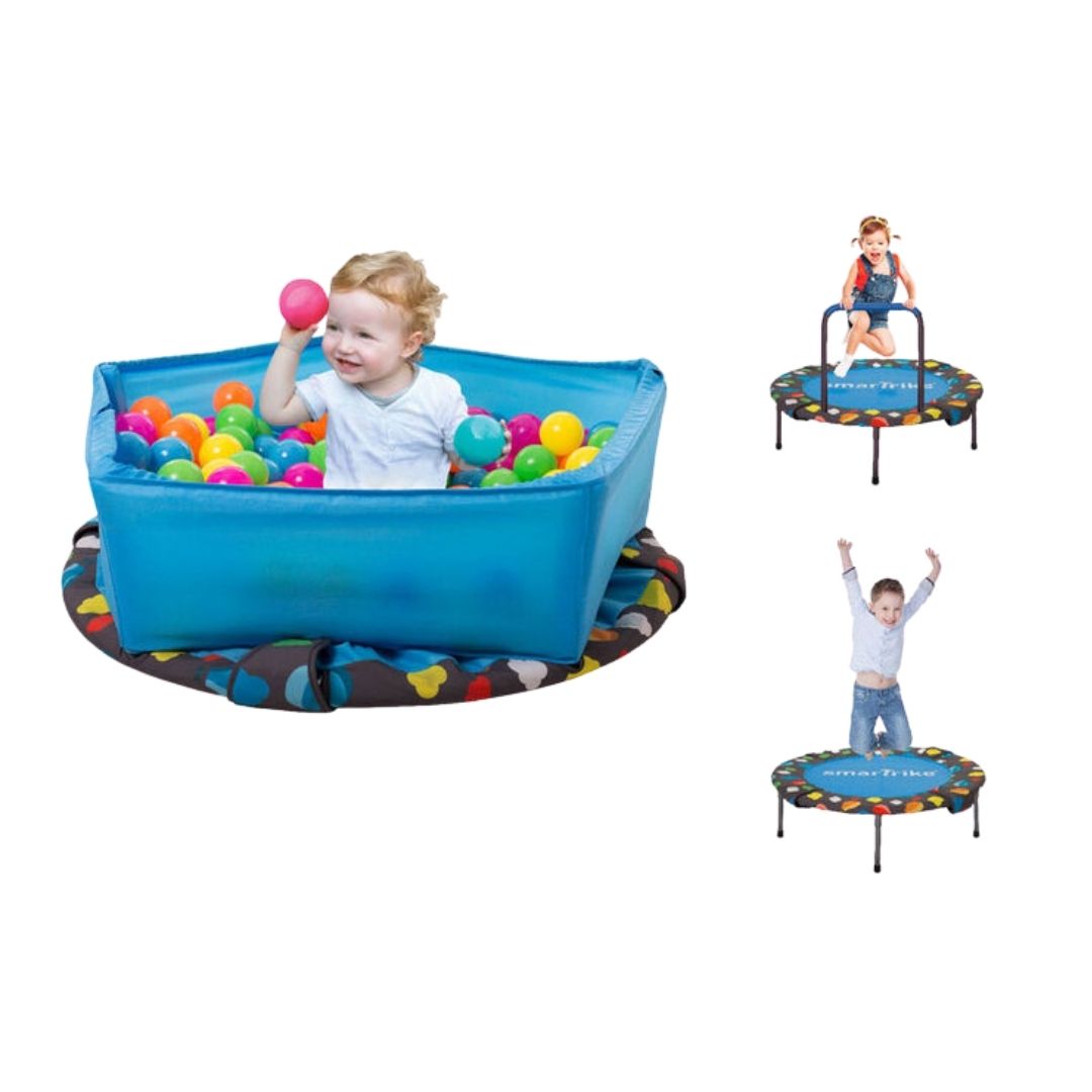 smarTrike 3-in-1 activity center blue indoor trampoline with safety handlebar for toddlers and ball pit for babies