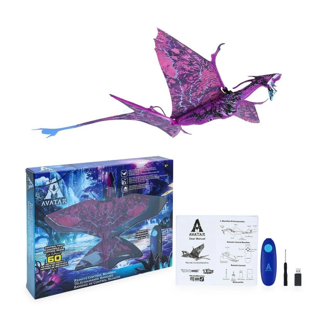 Go Go Bird Avatar Flying Banshee in a vibrant multicolor blue and purple bioluminescent design, featuring realistic flapping wings, a lightweight aerodynamic body, and a handheld remote control.