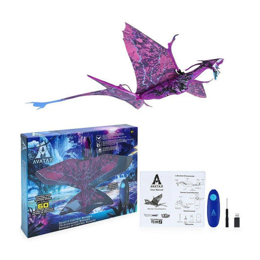 Go Go Bird Avatar Flying Banshee in a vibrant multicolor blue and purple bioluminescent design, featuring realistic flapping wings, a lightweight aerodynamic body, and a handheld remote control.