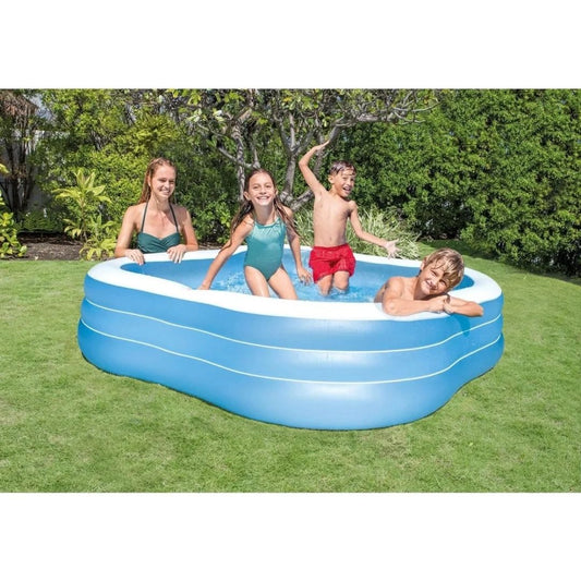 Intex Beach Wave Swim Center blue and white square inflatable family pool for backyard outdoor play