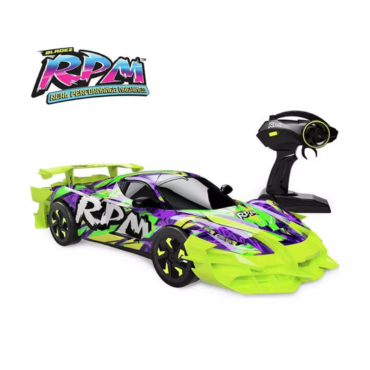 High-speed 1:10 scale Bladez Toyz RC Ultimate Racer in multicolor, shown from a dynamic angle for remote control racing play.