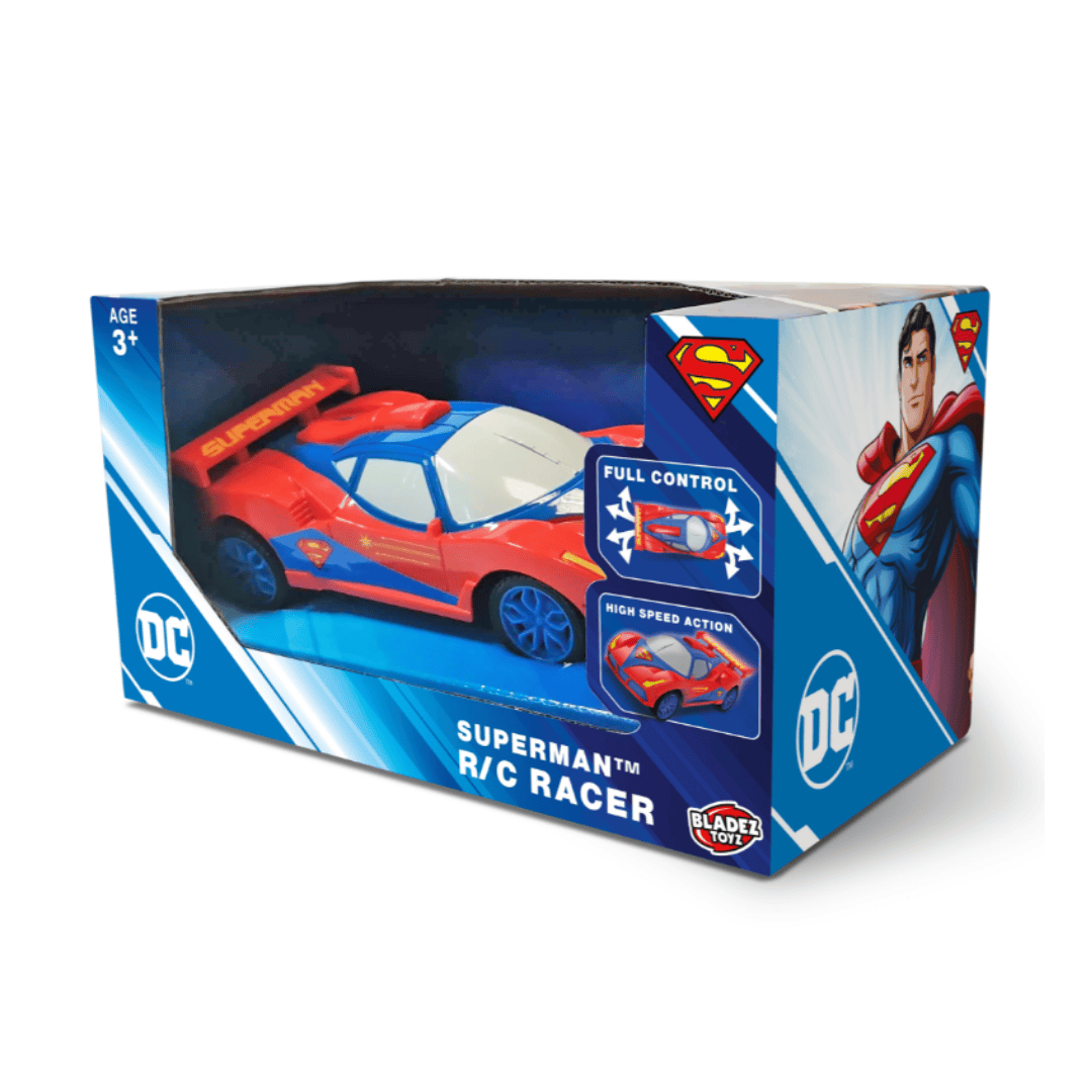 Superman themed remote control racer by Bladez Toyz, featuring 1:10 scale multicolor superhero graphics and battery-operated racing action.