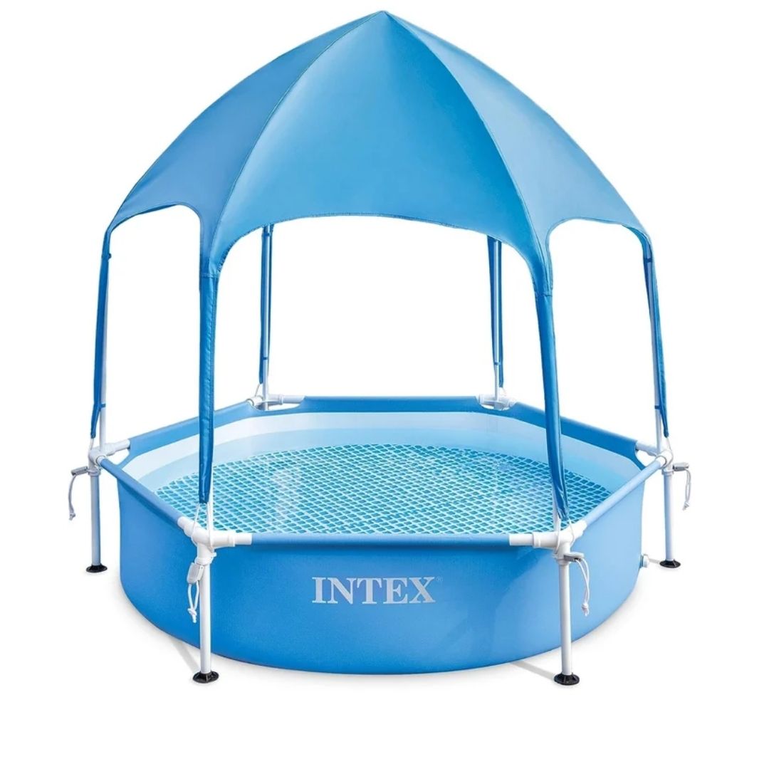 Intex metal frame kids swimming pool with sunshade canopy for outdoor garden play