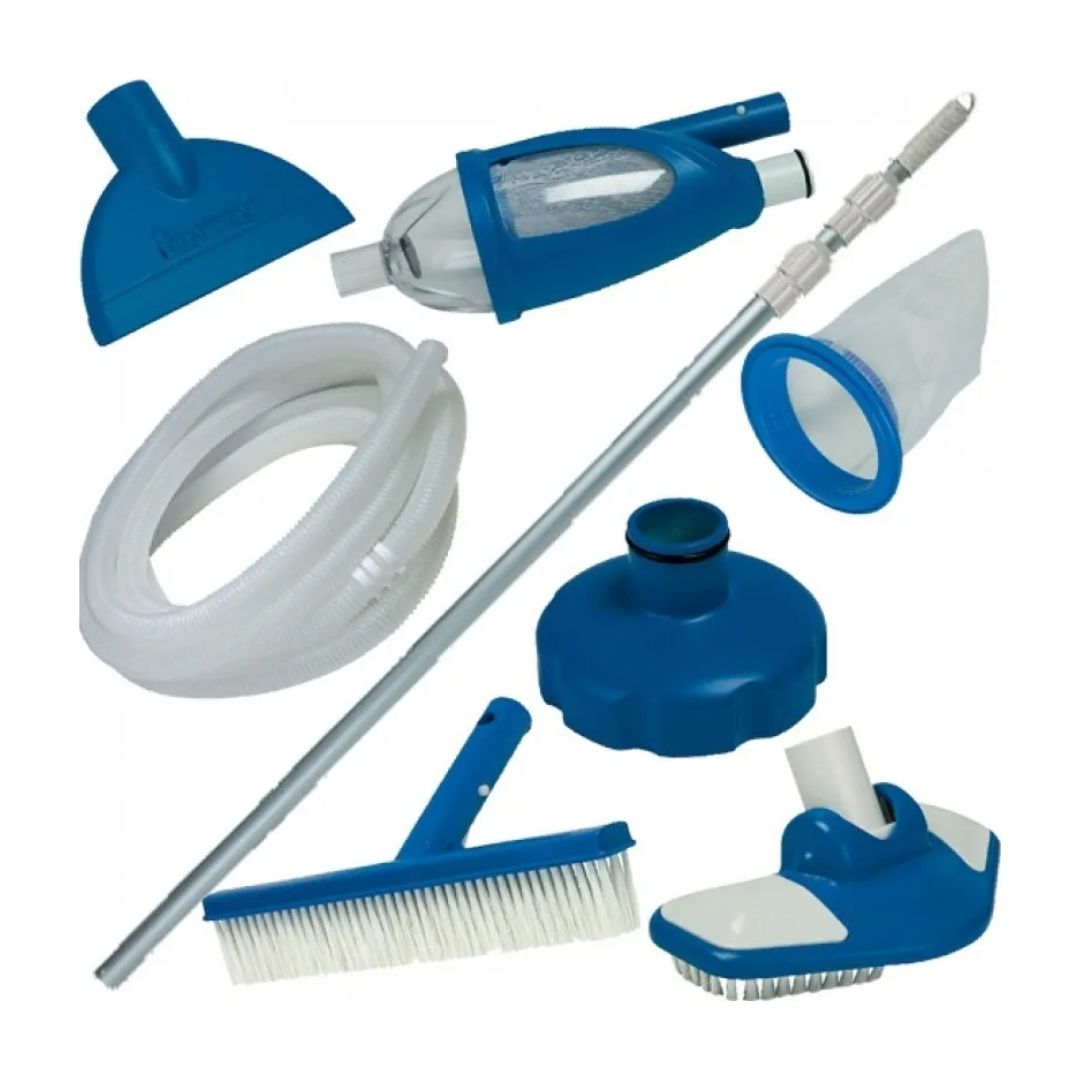 Intex Deluxe Pool Maintenance Kit with telescoping aluminum shaft and vacuum head for adult pool cleaning