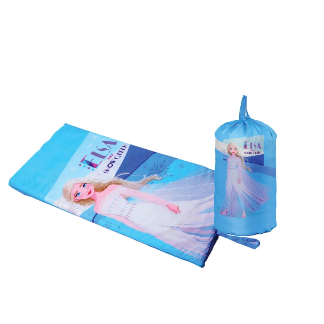 Disney Frozen kids pink and blue sleeping bag measuring 72x142cm featuring Anna and Elsa graphics with a full length side zipper