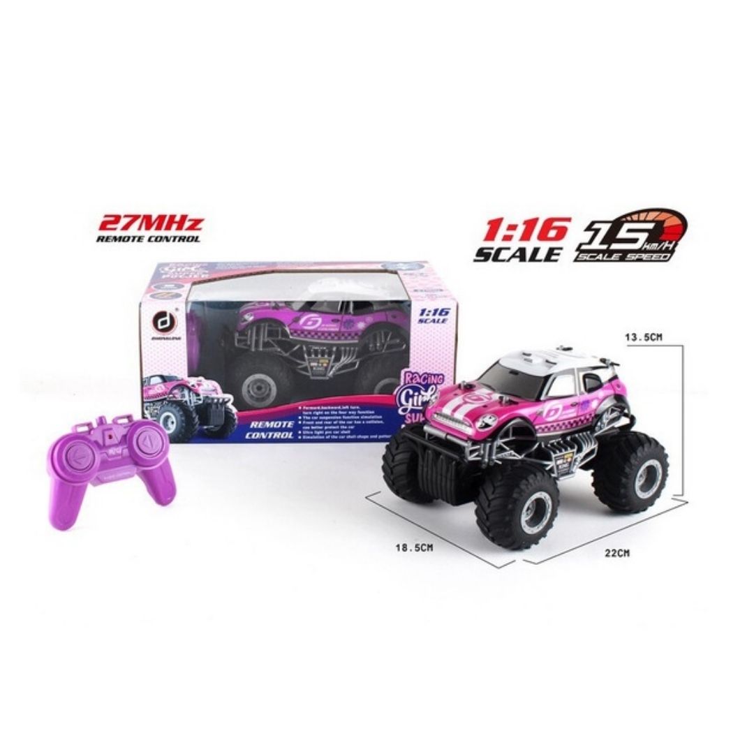 Vibrant multicolor RC Racing Girl Super Power Jeep in 1:16 scale, featuring oversized off-road tires, a durable reinforced chassis, decorative racing decals, and an easy-to-use handheld remote control.