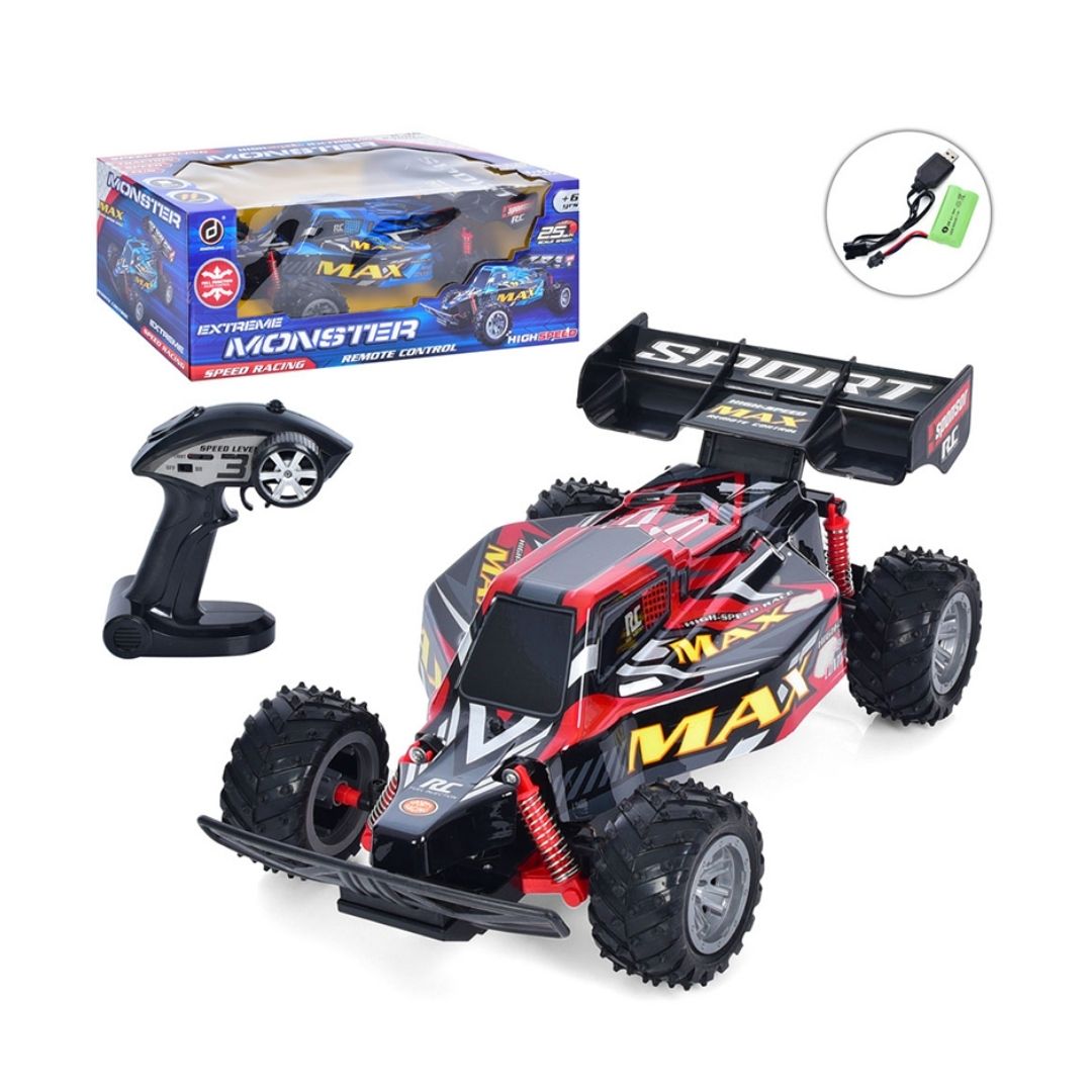 High-performance RC Extreme Monster stunt truck in a bold red and blue multicolor finish, featuring massive rubber all-terrain tires, a dual-sided chassis for 360-degree flips, and an ergonomic remote control.