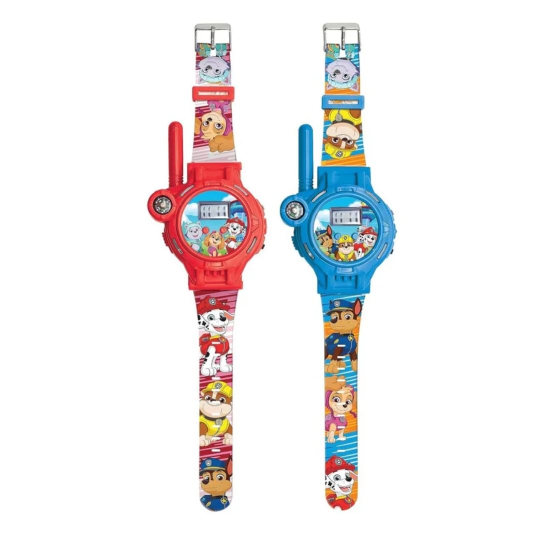 Lexibook PAW Patrol themed digital wristwatch featuring an integrated walkie talkie with a 200-meter range, adjustable strap, and a built-in microphone for kids aged 6+.