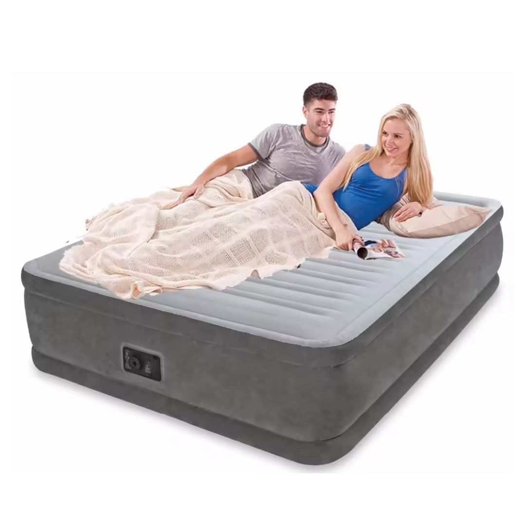 Intex Dura-Beam Queen Comfort Plush elevated air mattress with built-in electric pump for indoor guest use