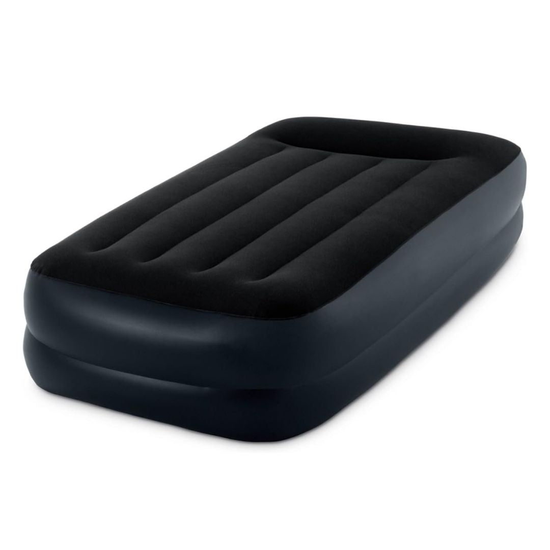 Intex Dura-Beam black twin airbed with built-in electric pump and integrated pillow for indoor adult guest bed