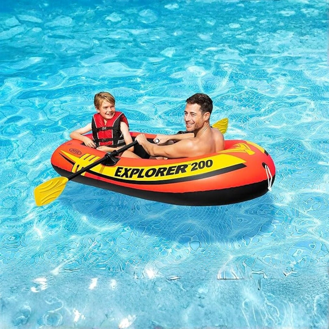 Intex Explorer 200 orange inflatable two person boat with oars and pump for pool lake fun