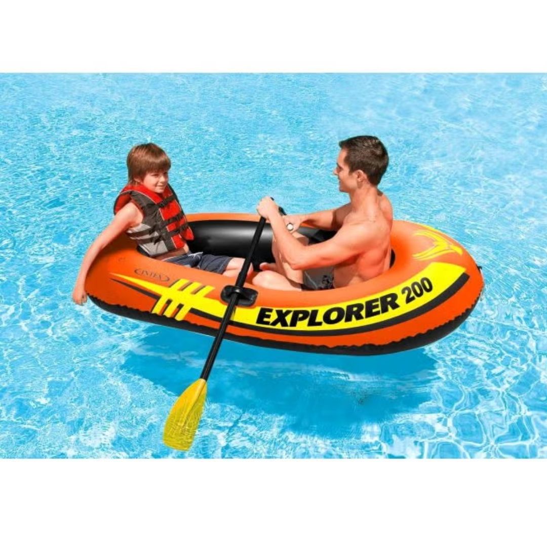 Intex Explorer 200 inflatable orange boat set with oars and air pump for lake and pool use