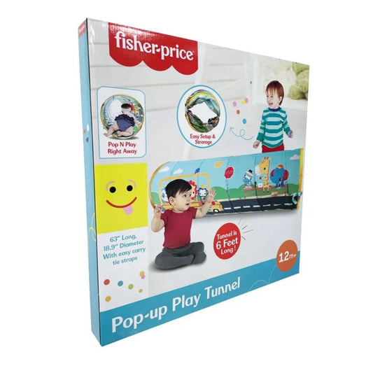 Fisher-Price multicolor pop-up play tunnel for toddlers featuring a flexible, lightweight fabric design and a spacious crawl-through interior for active indoor or outdoor play.