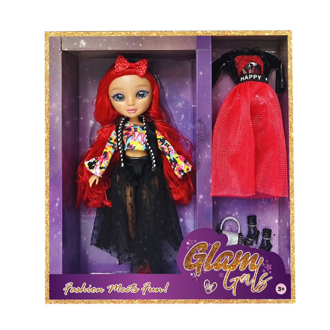 Kaiwell Glam Girlz 9 inch fashion doll wearing a stylish black and red outfit with poseable limbs for kids ages 3 and up