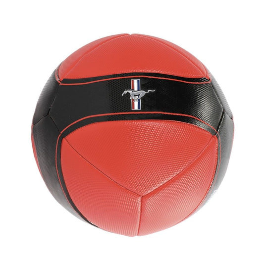 Official Ford Mustang action ball featuring a stealth black finish with dual red racing stripes, the signature galloping pony logo, and a high-durability reinforced design.