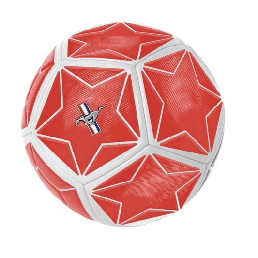 Official Ford Mustang action ball in vibrant racing red, featuring a unique black technical grid pattern, the signature galloping pony logo, and reinforced high-durability construction.