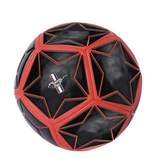 Official Ford Mustang action ball featuring a stealth black finish with a grey technical grid pattern overlay, the iconic silver galloping pony logo, and a high-durability reinforced design.