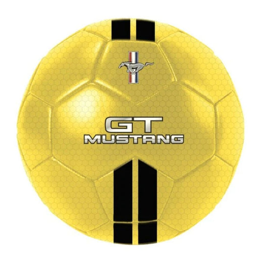 Official Ford Mustang action ball in bright racing yellow, featuring dual black hood stripes, the iconic galloping pony logo, and a high-durability reinforced spherical design.