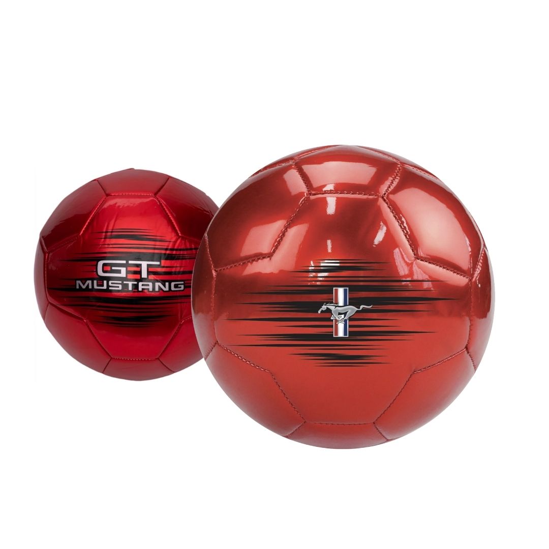 Official Ford Mustang action ball in a premium high-gloss metallic red finish, featuring the silver galloping pony logo and reinforced high-impact construction.