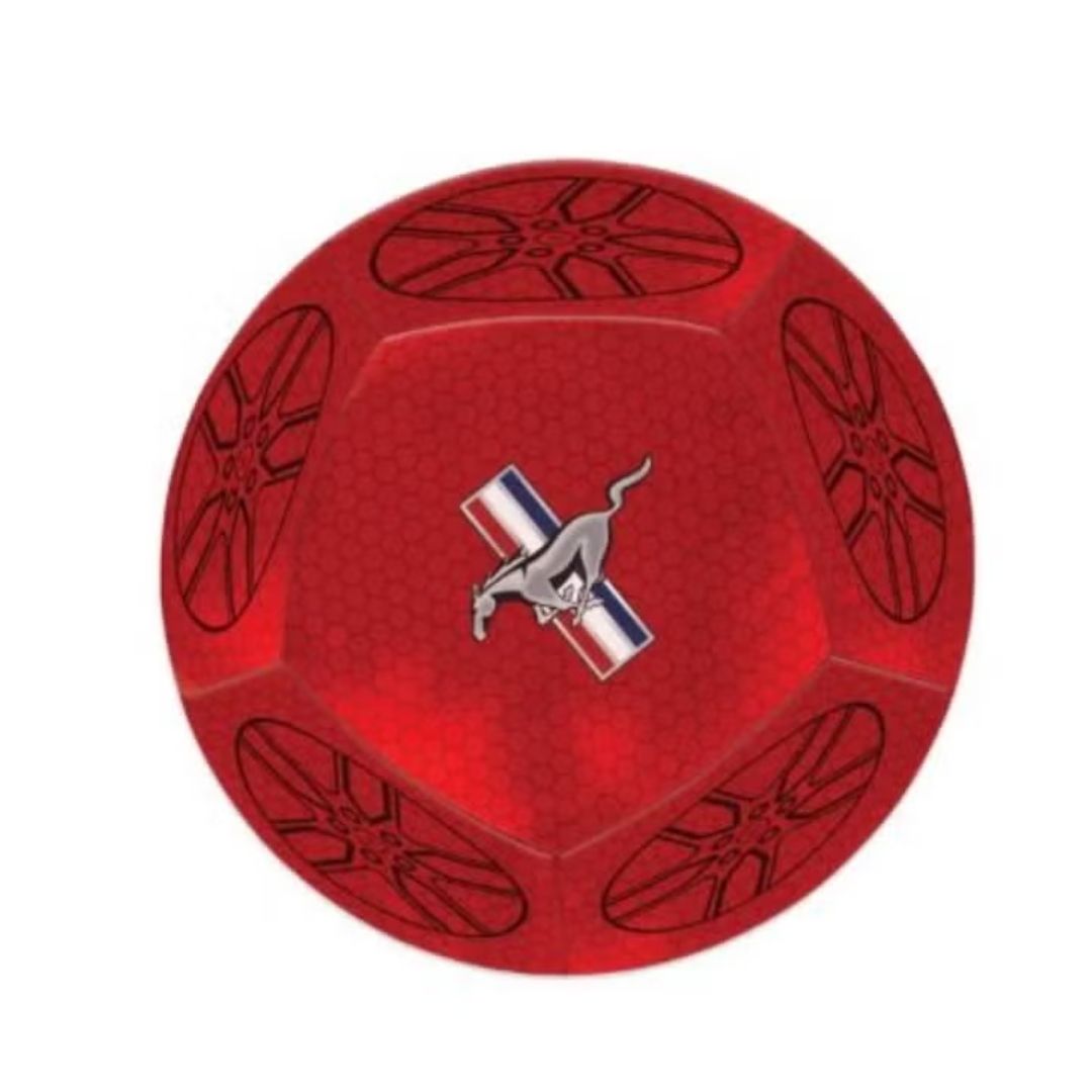 Official Ford Mustang action ball in a vibrant racing red finish, featuring the iconic silver galloping pony logo and reinforced high-durability spherical construction.