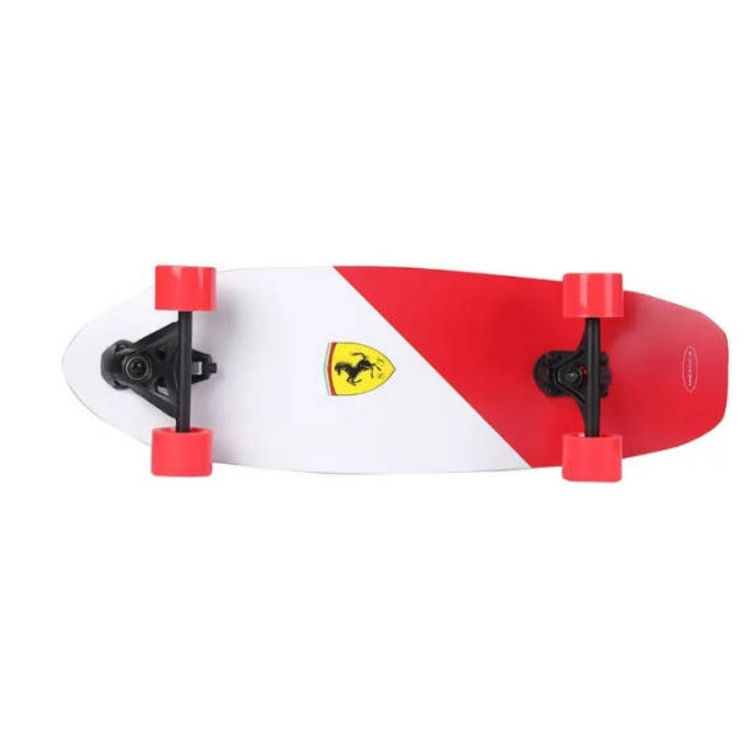 Ferrari Surfskate in a vibrant multicolor red and black racing design, featuring the official Ferrari Prancing Horse shield, specialized high-motion carving trucks, and a non-slip grip deck.