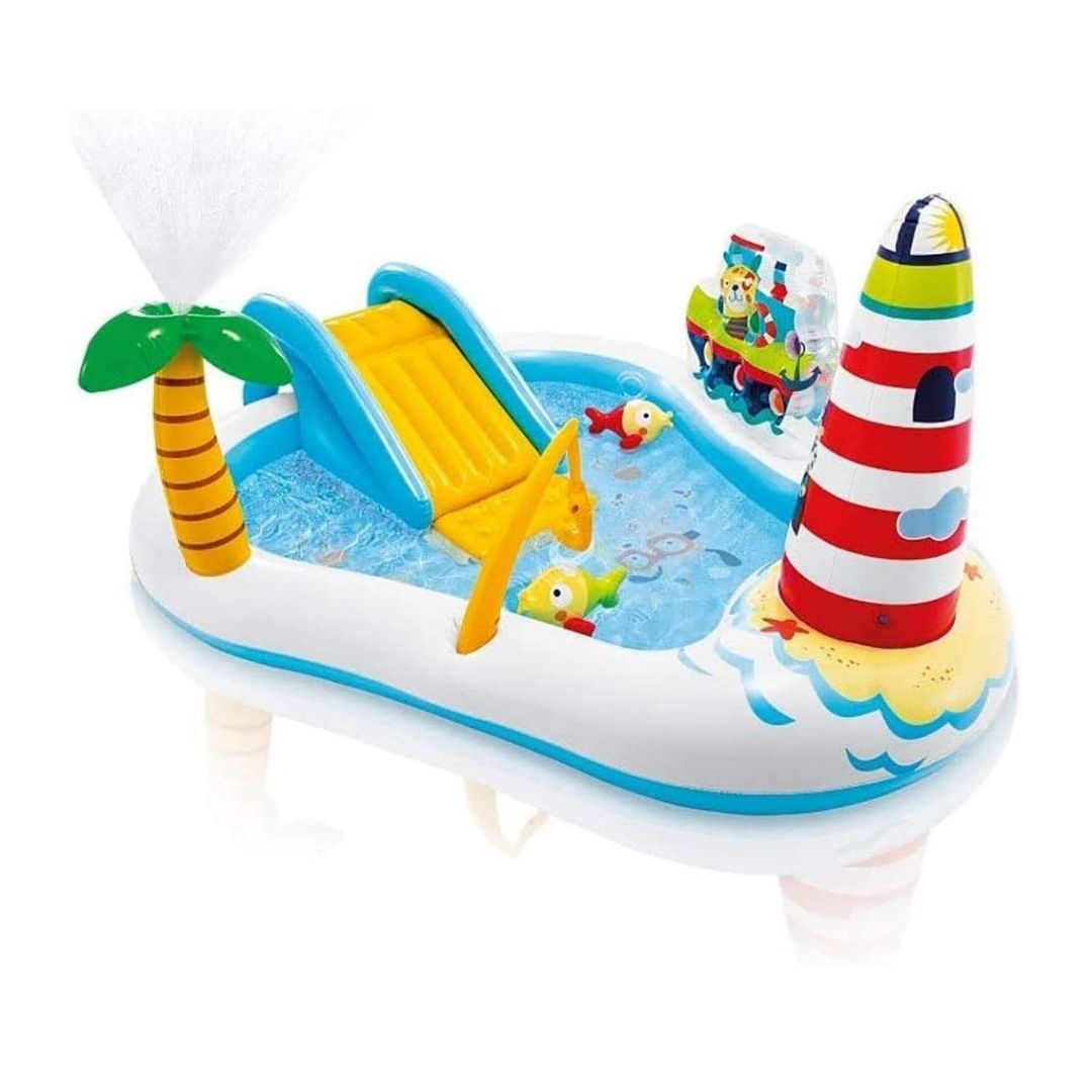 Intex Fishing Fun inflatable play center with water slide, palm tree sprayer, and fishing rod toy for toddlers