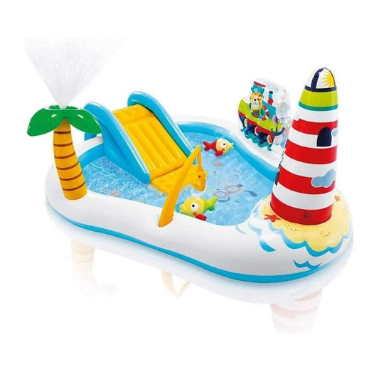 Intex Fishing Fun inflatable play center with water slide, palm tree sprayer, and fishing rod toy for toddlers