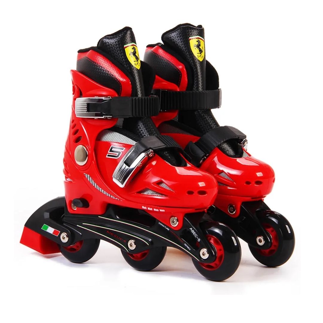Ferrari Kids Inline Skate Combo Set in vibrant racing red and black, featuring adjustable inline skates (Sizes 33–36), a matching protective helmet, knee pads, and elbow pads with official Ferrari branding.