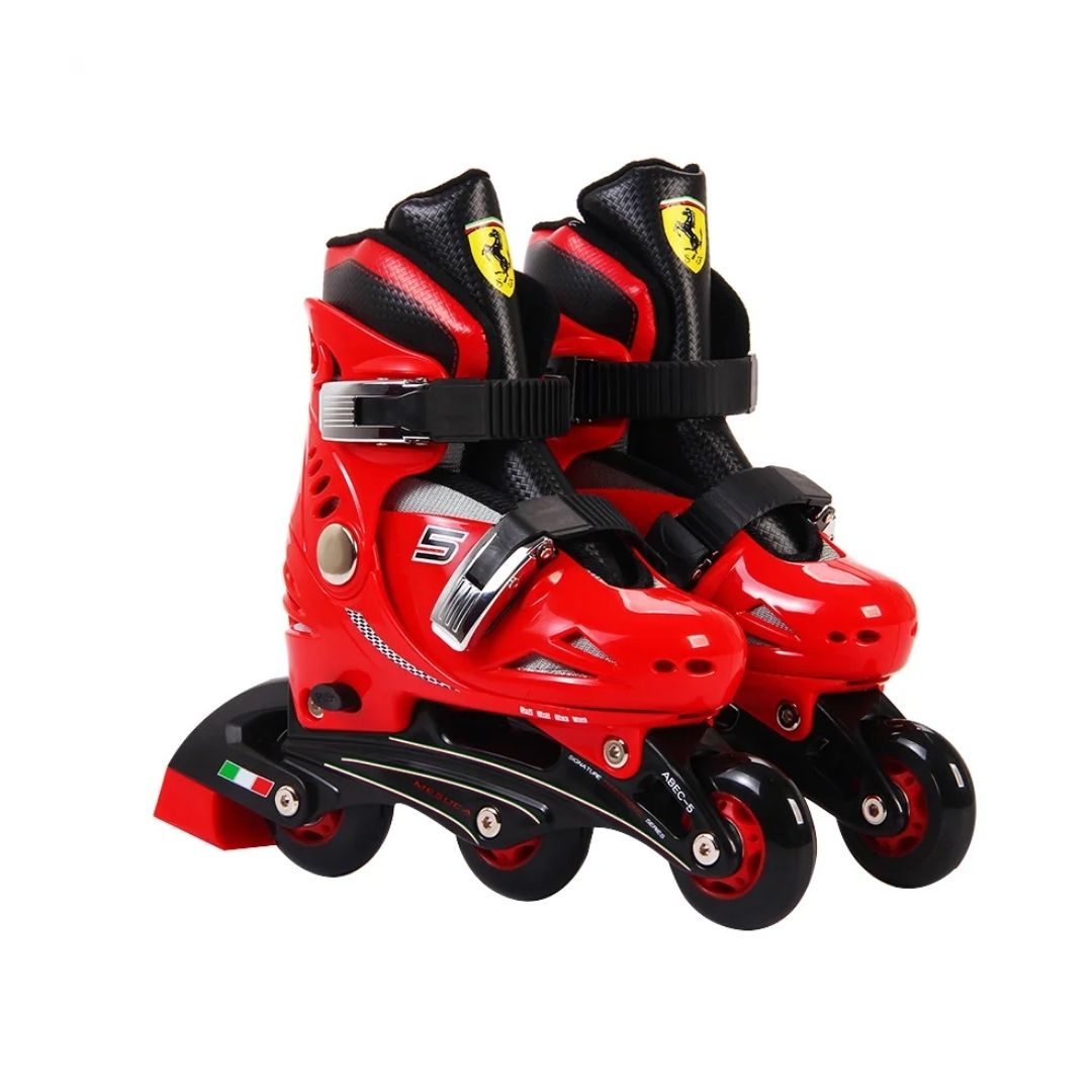 Ferrari Kids Inline Skate Combo Set in vibrant racing red and black, featuring adjustable inline skates (Sizes 29–32), a matching protective helmet, knee pads, and elbow pads with official Ferrari branding.