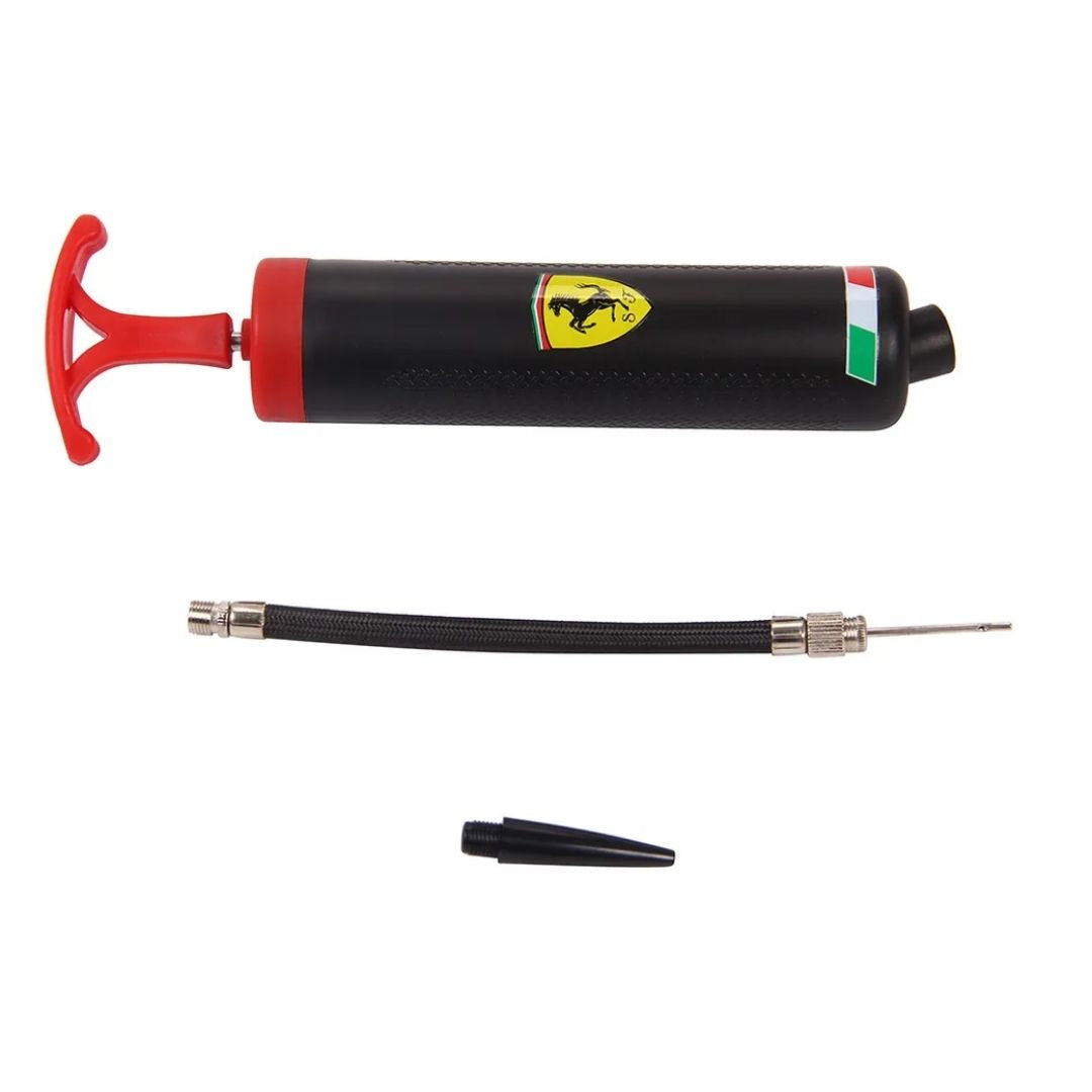 Sleek black Ferrari hand pump featuring the official yellow Ferrari Prancing Horse shield, a textured ergonomic grip, and a durable flexible hose for inflating sports balls.