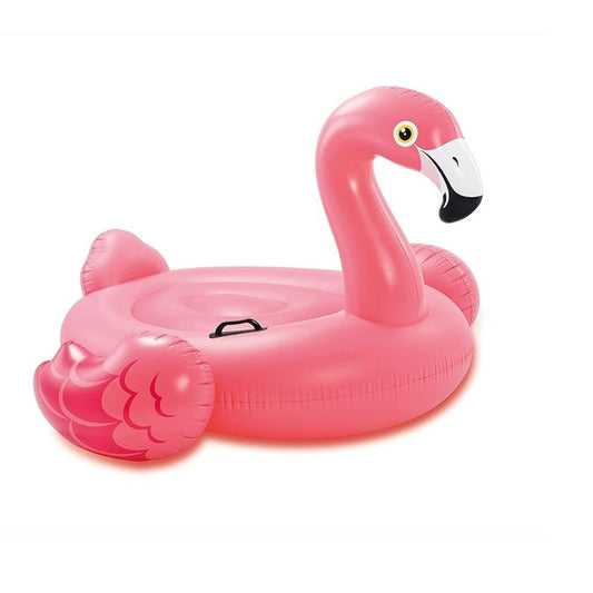 Large pink inflatable flamingo pool float ride-on with heavy duty handles for kids