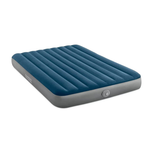 Intex Queen-size Classic Downy airbed featuring a dark green flocked sleeping surface, stable coil-beam construction, and a portable battery-powered pump for outdoor and indoor use.