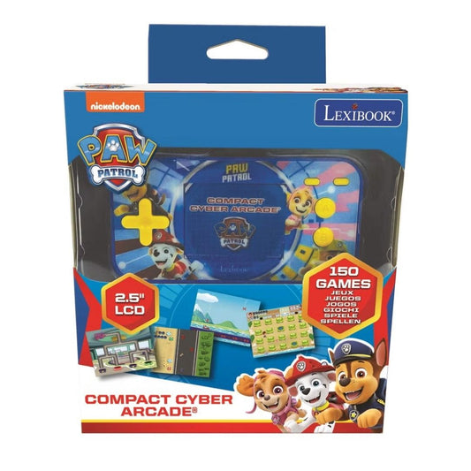 Lexibook PAW Patrol handheld game console featuring a 2.5-inch LCD color screen, 150 built-in games, and high-quality graphics of Chase and Marshall on a multicolor compact shell.