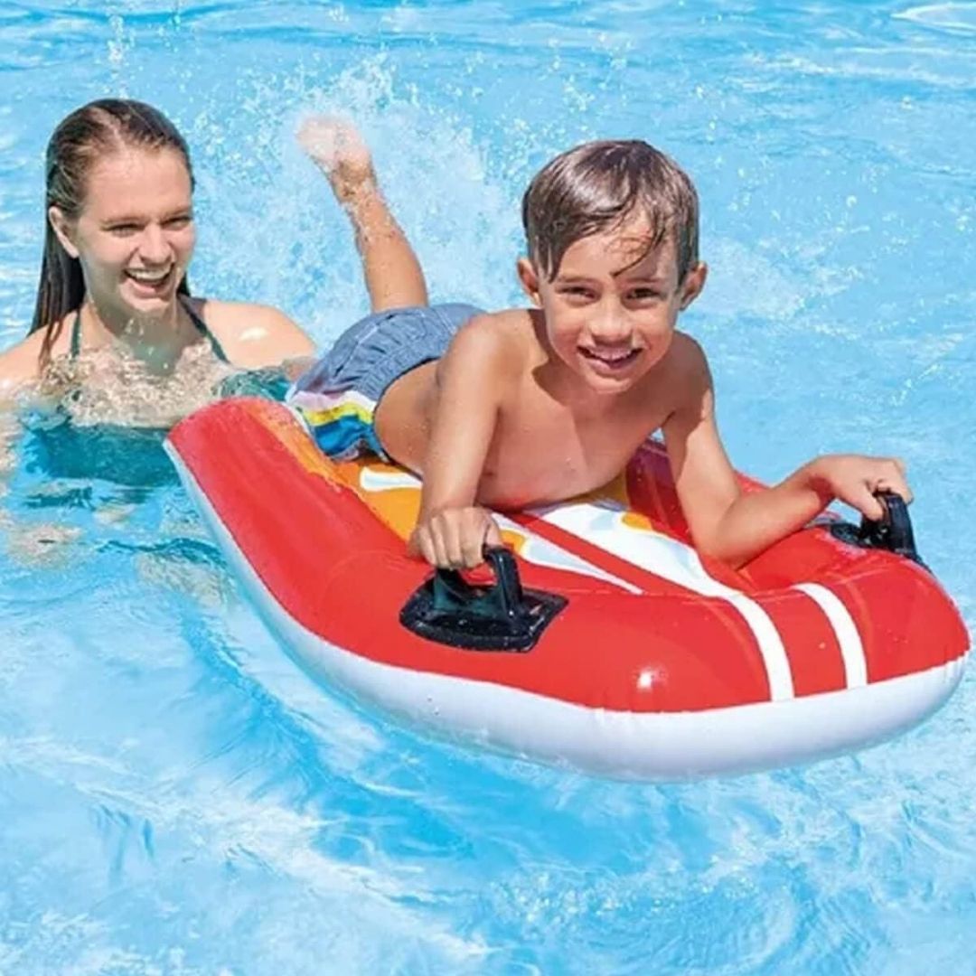 Intex Joy Rider inflatable surf rider pool float for kids with two safety handles and colorful graphics