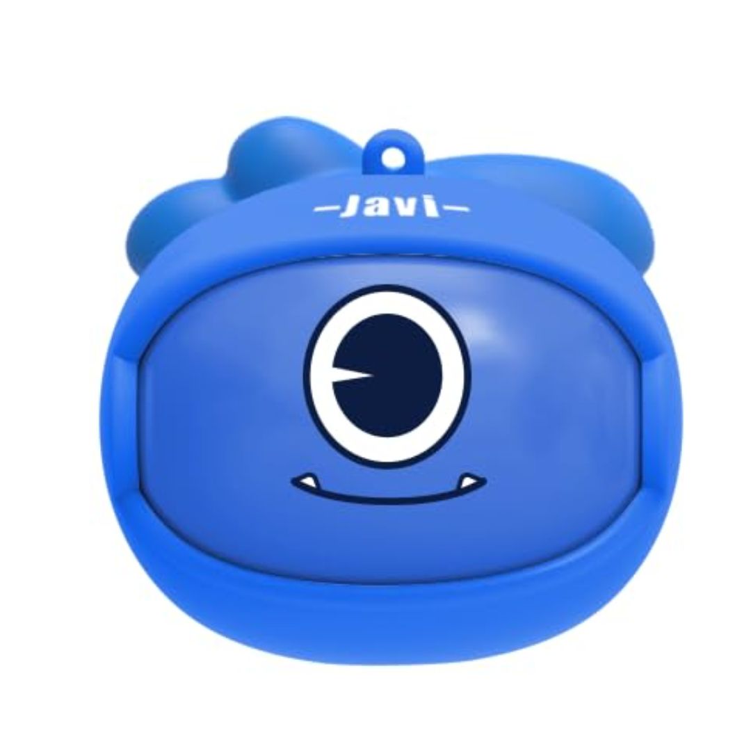 Jellie blue true wireless earpods inside a open charging case for kids school and travel use
