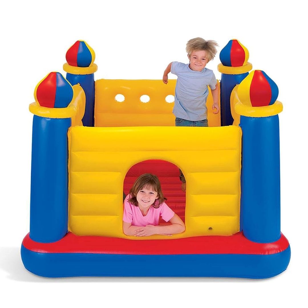 Intex Jump-O-Lene inflatable castle bouncer with four turrets and soft floor for kids indoor play