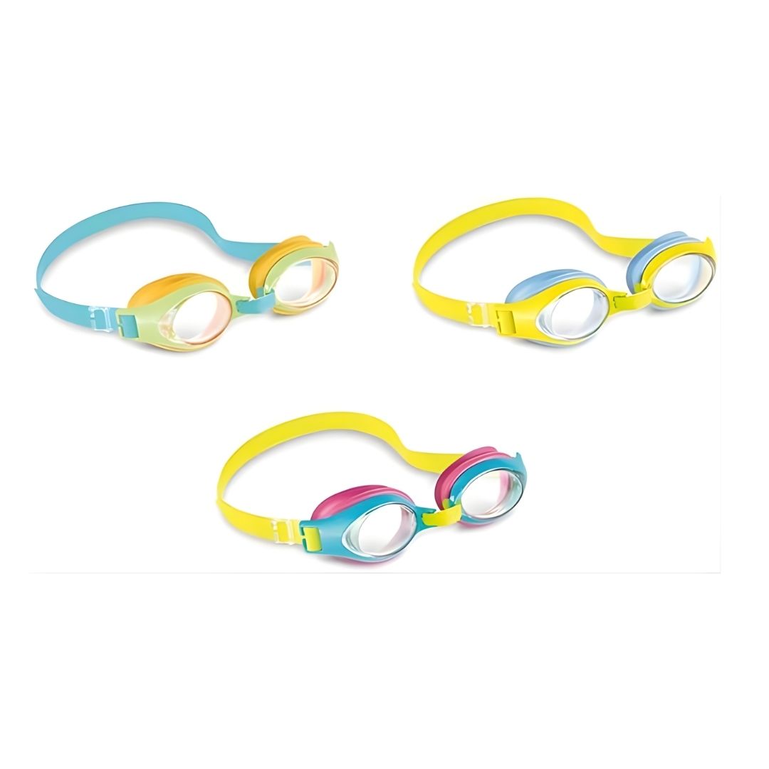Intex Junior swimming goggles for kids ages 3 to 8 with adjustable head strap and blue anti-fog lenses