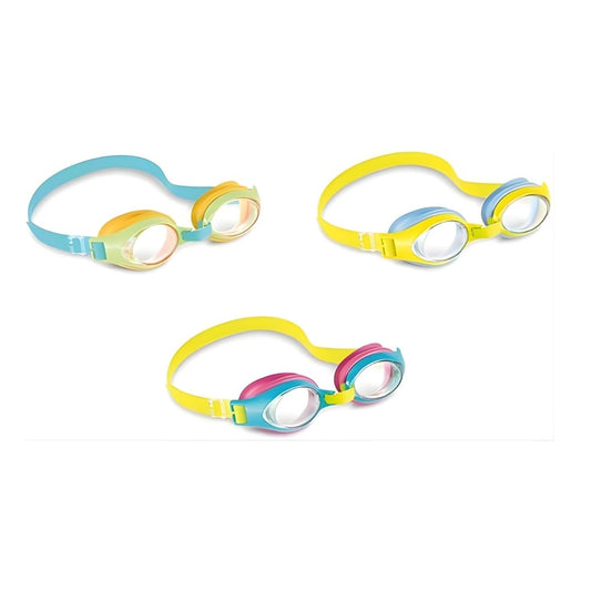 Intex Junior swimming goggles for kids ages 3 to 8 with adjustable head strap and blue anti-fog lenses