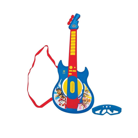 Lexibook PAW Patrol themed electronic guitar featuring vibrant character graphics, sound effect buttons, and a matching adjustable headset microphone for kids aged 3+.