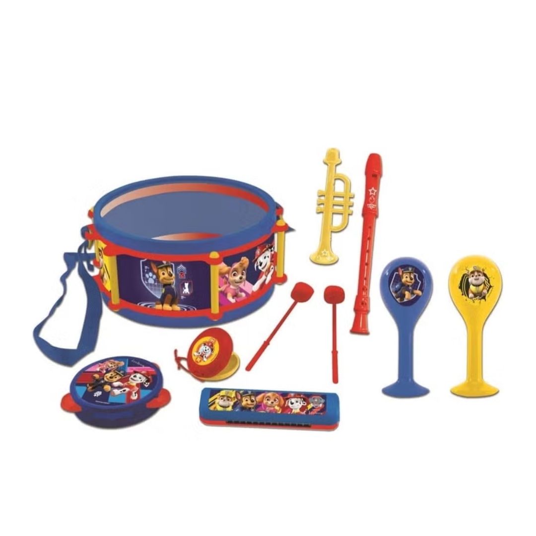 Lexibook PAW Patrol 7-piece musical set including a drum with sticks, trumpet, recorder, tambourine, and maracas, all featuring vibrant multicolor graphics of Chase, Marshall, and Skye.
