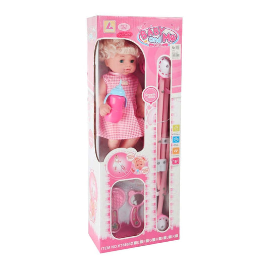 Vibrant multicolor 12-inch baby doll from the King Time Baby & Me collection, featuring a matching lightweight folding toy stroller with a secure seatbelt and easy-grip handles.