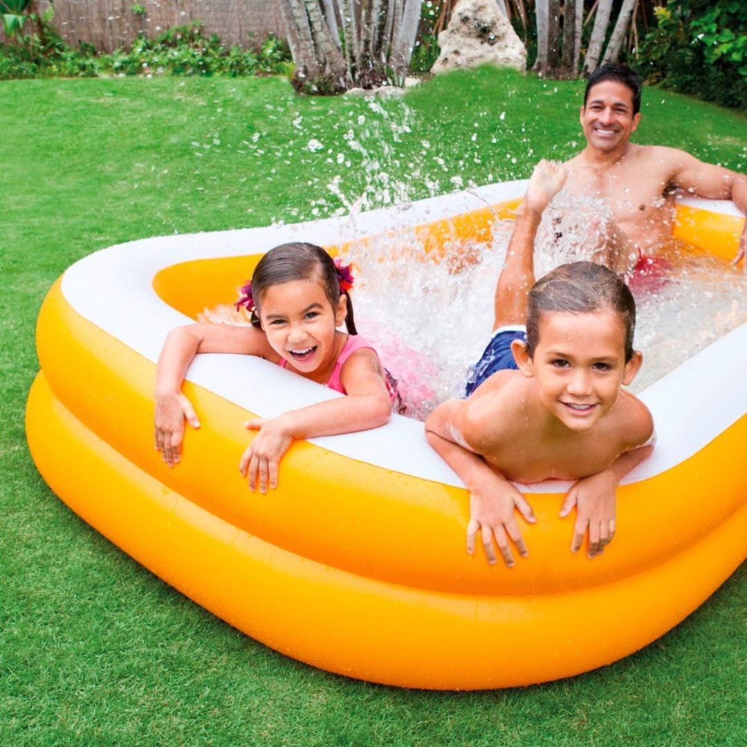 Intex Mandarin orange and white inflatable rectangular family swim center pool for backyard kids play