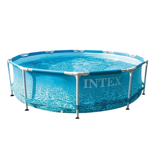 Intex 305x76cm metal frame beachside pool with ocean floor print and filter pump for outdoor garden fun