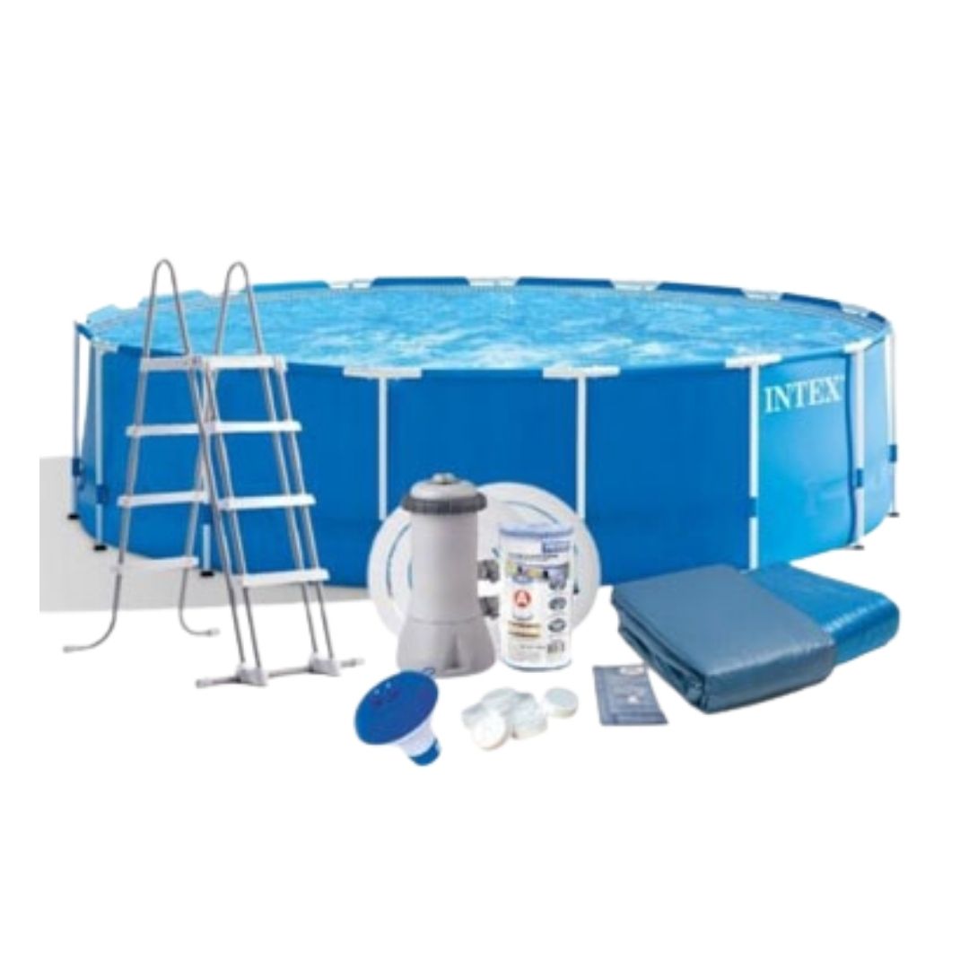 Intex 15ft round metal frame above ground swimming pool set for kids and families outdoor garden