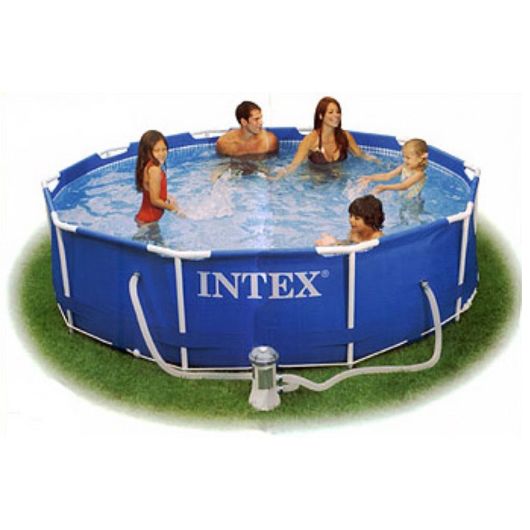 Intex 10ft circular metal frame above ground swimming pool with filter pump for kids and families