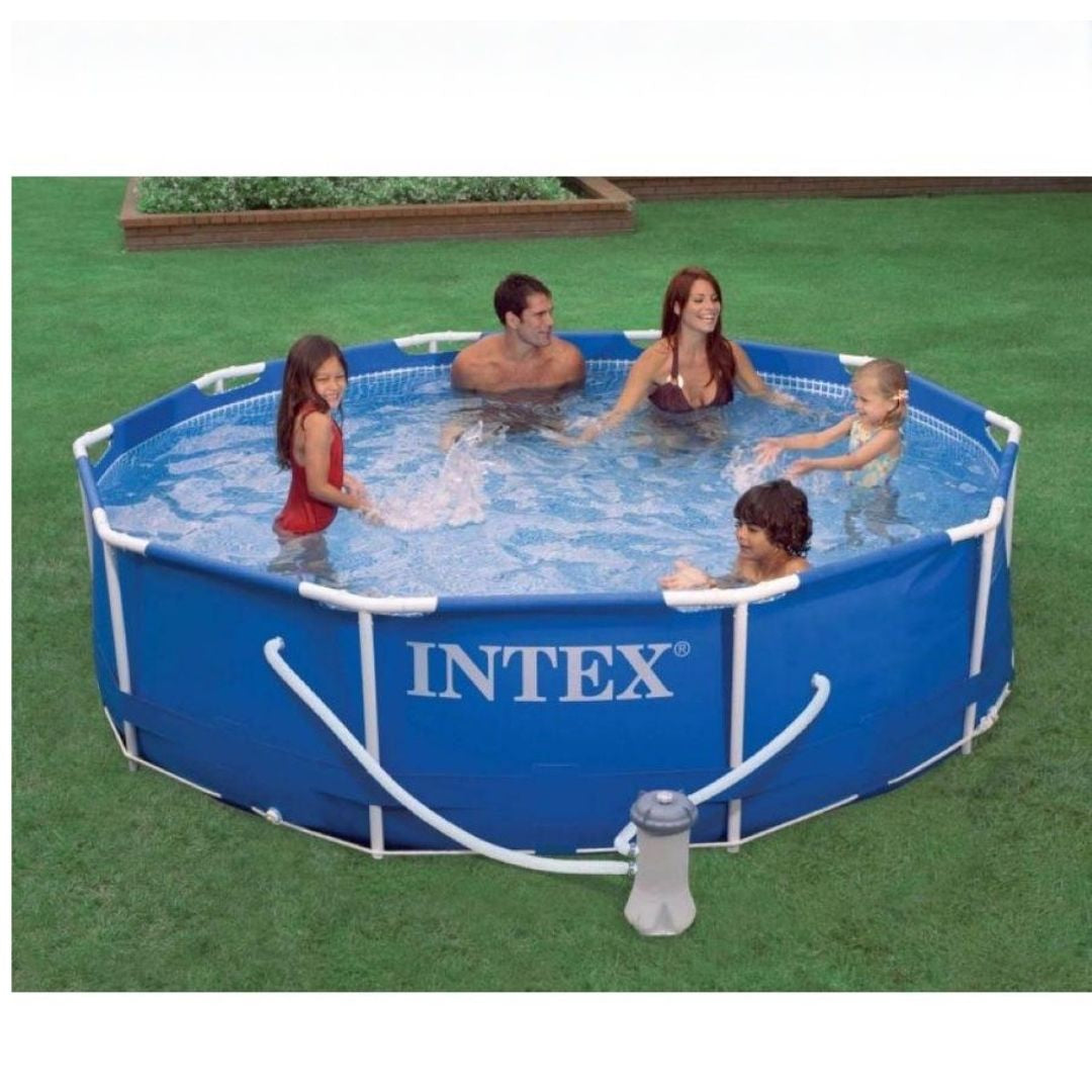 Intex 12ft by 30in blue metal frame above ground swimming pool with filter pump for backyard family fun