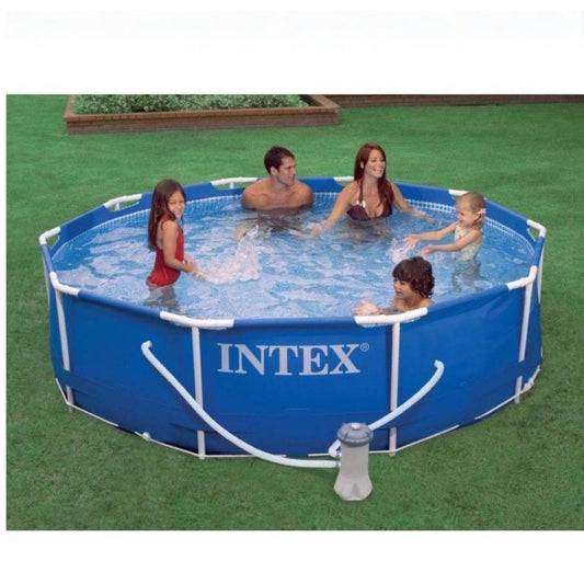 Intex 12ft by 30in blue metal frame above ground swimming pool with filter pump for backyard family fun